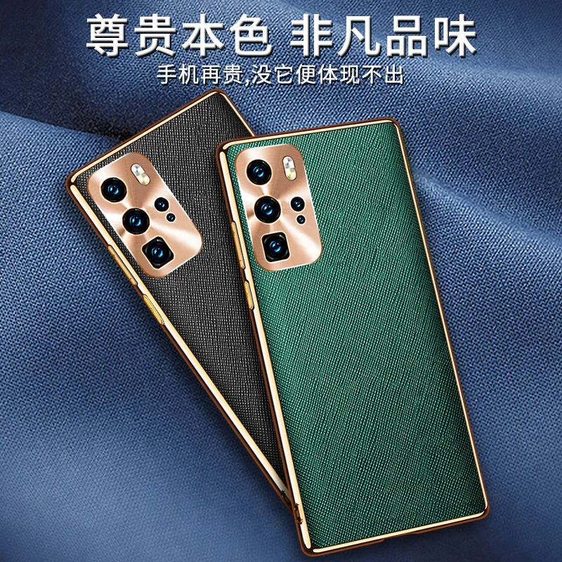 

Luxury Full Grain Leather Phone Back Cover For Huawei P40 Pro Business Full Protection Cross Pattern Leather Case Metal Buttons