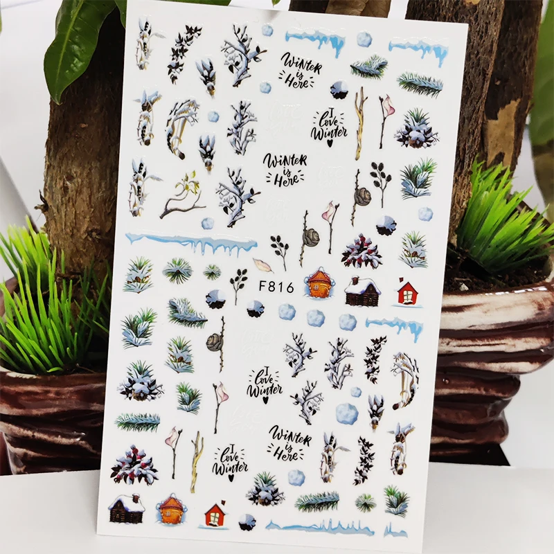 

Autumn Winter 3D Nail Stickers Snow Grass Tree Letter New Year Design Manicure Stickers Decals Nail Art Decoration Accessories