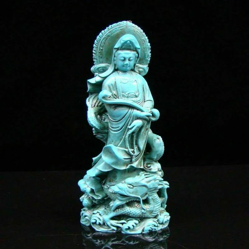 

Chinese Turquoise Handmade Carved Statue Buddhism Kwan-Yin&dragon Ruyi Exquisite Home Living Room Decoration