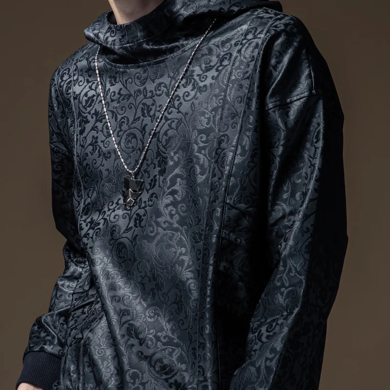 

Free shipping New men's male 2020 black autumn fashion casual PU leather hooded jacquard pullover sweatershirt top B203509199
