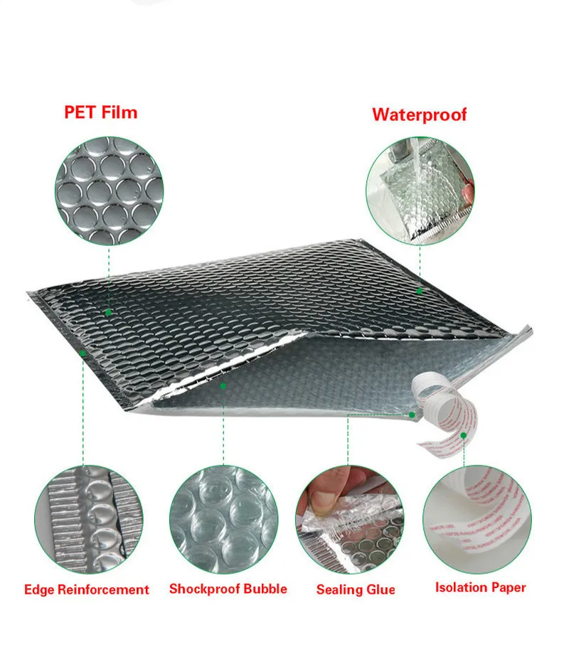 Упаковка доставка Пузырьковые почтовые пакеты Серебристые Самоуплотняющиеся