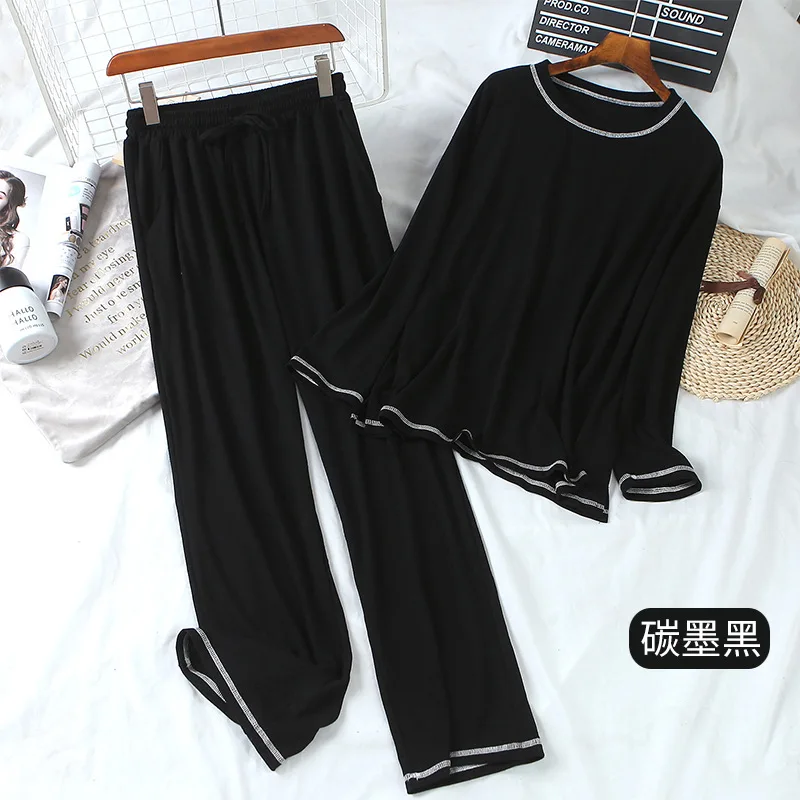 

Women's Pajamas set Spring And Autumn Solid Round neck Two-piece Long-sleeved Trousers Thin Elastic waist Home Wear Sleepwear