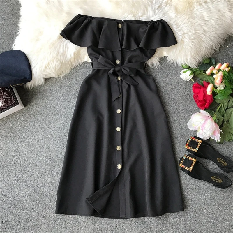 

2020 New Summer Slash Neck Lace Up Dress Women Front Placket Single Breasted Ruffles Solid Knee-length Dress
