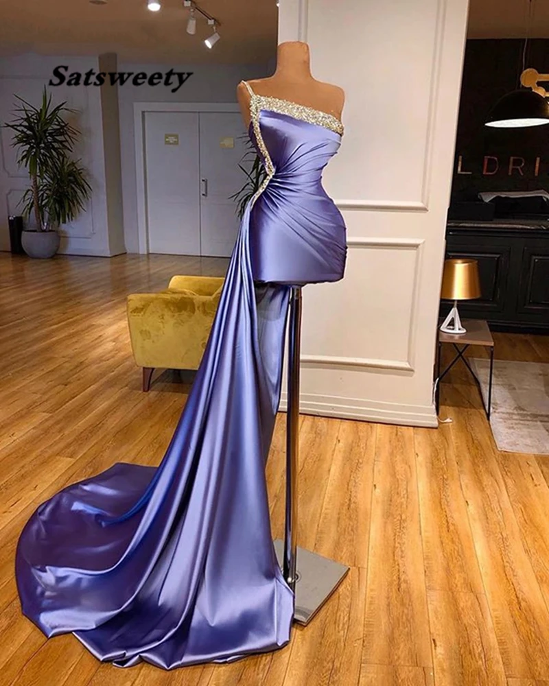 

Long Evening Dress New Arrival One Shoulder Luxury Beads Dubai Arabic Women Violet Formal Prom Gowns