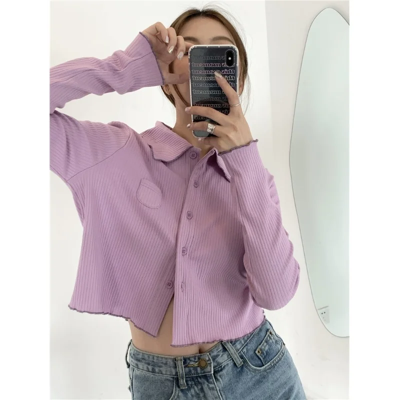 

Solid Tees Long Sleeve Cardigans Casual Style New Women's Clothing Spring Autumn Knitted Crop Top Turn-down Collar T Shirts