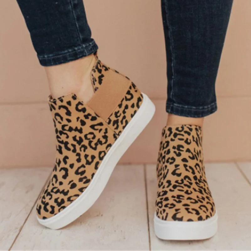 

Женские кроссовки с леопардовым принтом, без шнуровки, Вулканизированная подошва, Уличная обувь для съемки, увеличенная рост, на осень