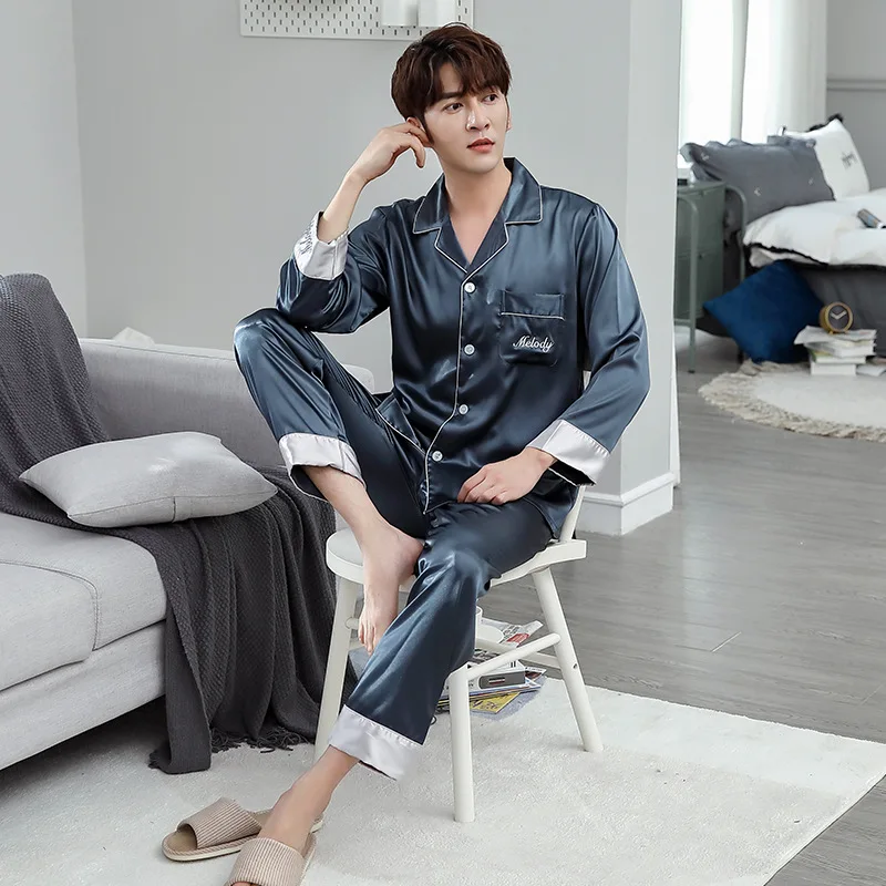 Silk Embroidered Couple Pajamas Spring Autumn Couple Ice Silk Home Wear Men and Women Long Sleeve Cardigan Suit Couple Clothes