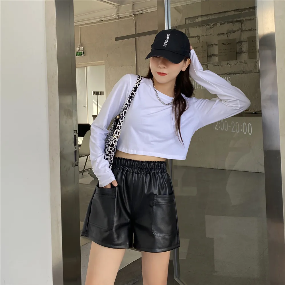 

PU Leather Shorts Women's 2020 Autumn and Winter New High Waist Slimming Front Pocket Leather Pants Loose Wide Leg Pants Casual