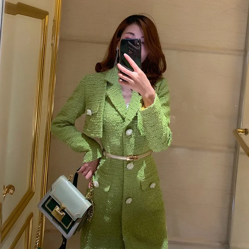 High Quality Women Tweed Two Piece Set Pearls Button Sundress Short Jacket Matching Sets Office Ladies Work Slim Fit Outfits