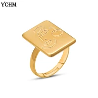 ychm stainless steel beauty face resizable ring for women gold plated mood ring geometric trendy jewelry 2021 steel square ring
