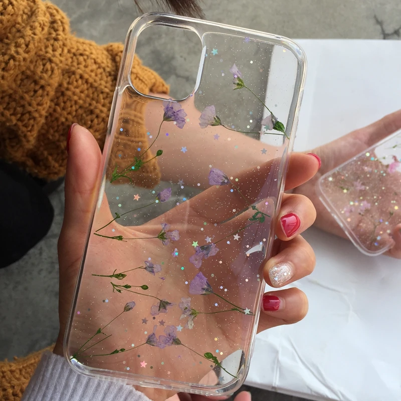 Tfshining настоящий прессованный высушенный чехол с цветами для iphone 11 11pro max X XR Xs max 6 6s 7 8 plus, прозрачный чехол, блестящий девчачий чехол