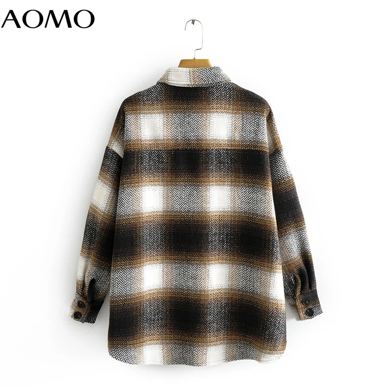 

AOMO Women brown plaid pattern Thick Coats Jacket Loose Long sleeves pocket 2020 Ladies Elegant Autumn Winter coat 3R09A