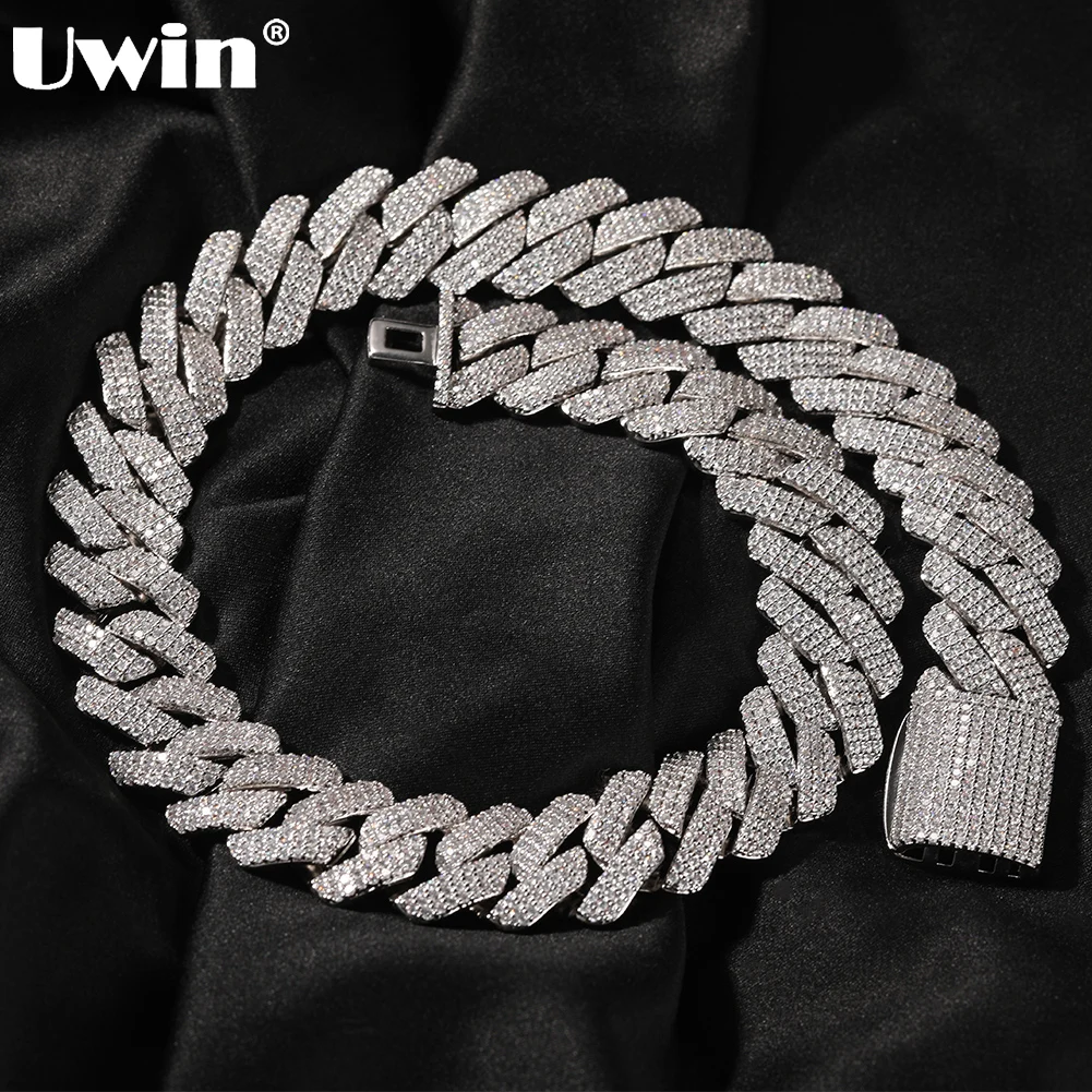 UWIN 20mm Miami Prong Cuban Chain Necklace 3 Rows Micro Pave Iced Out Round Cubic Zirconia Link Fashion Hip Hop Jewelry for Gift