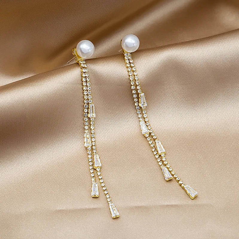 

Women's Fashion Elegant Pearl Long Tassel Drop Earrings Shiny Crystal Zircon Spike Chain Charming Dangle Earring Stud Accessory