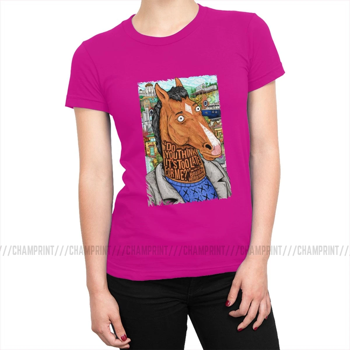 Женская футболка Bojack Horseman с забавным рисунком, эстетическая футболка с круглым вырезом, хлопковая уличная одежда размера плюс, женская одежда - Цвет: Фуксия
