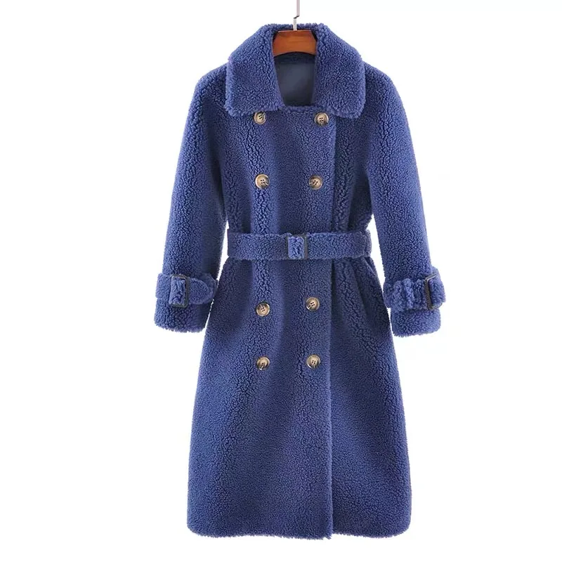 dark blue SY12, осенне-зимнее женское пальто из 30% шерсти, меховое пальто, а-образное, на пуговицах, с карманами, для стрижки овец, для девушек, теплое меховое пальто, женская длинная куртка, пальто - Цвет: dark blue