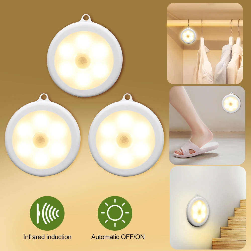 3pcs warm white 1/3/6 шт. в партии, 6 светодиодов движения Сенсор шкаф светильник диаметром 80 мм Беспроводной детектор светильник Авто включения/выключения лампы для защиты глаз шкаф лампа, лампа светильник - Цвет: 3pcs warm white