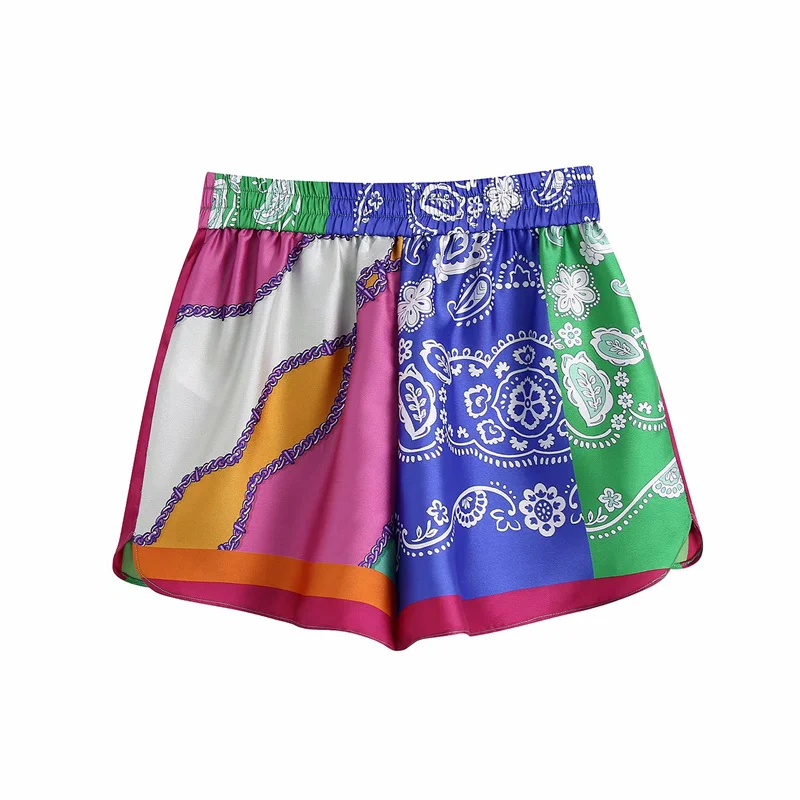 

Za Summer Print Women Shorts Patchwork Long Sleeve Shirt Summer Set Woman Chic High Waist Loose Sandy Beach Shorts Female Suit