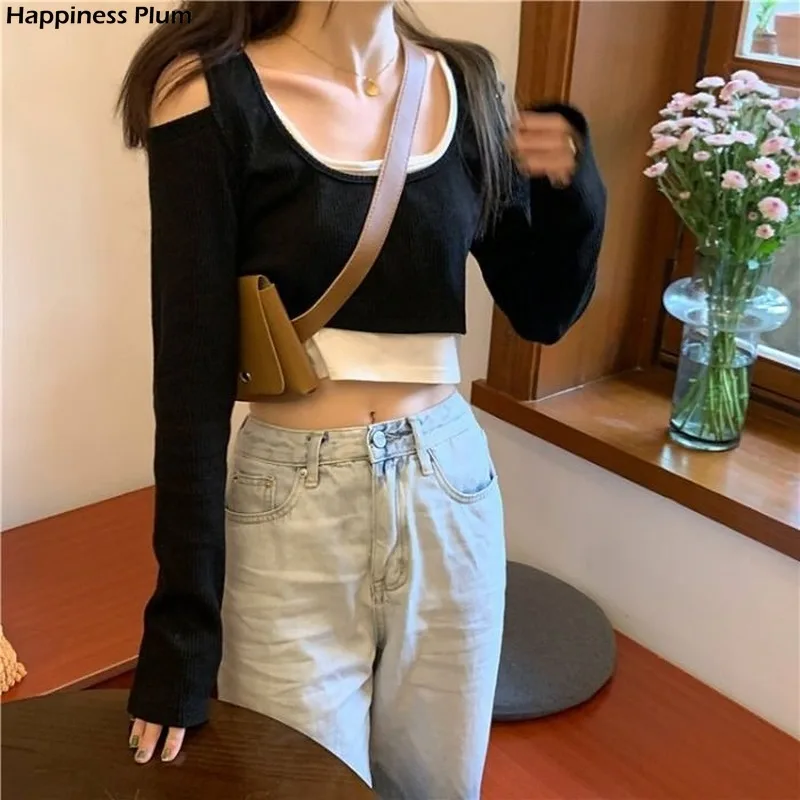 

Off Shoulder Fake Two Pieces Long Sleeve T-shirts Women Korean Style Corp Top Ins Hollow Out Slim Simple Trendy Chic Sexy New