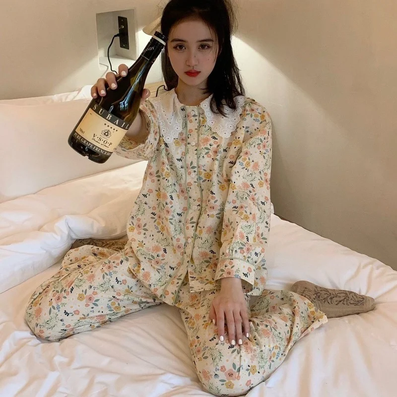 QWEEK Womens Two Piece Sets Korean Flowers Pajamas Loose and Comfortable Sailor Collar Pijamas Girls Home Clothes Spring Autumn