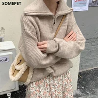 women sweater oversize zipper knitted pullover long sleeve solid color loose ladies sweaters autumn winter womens turtleneck