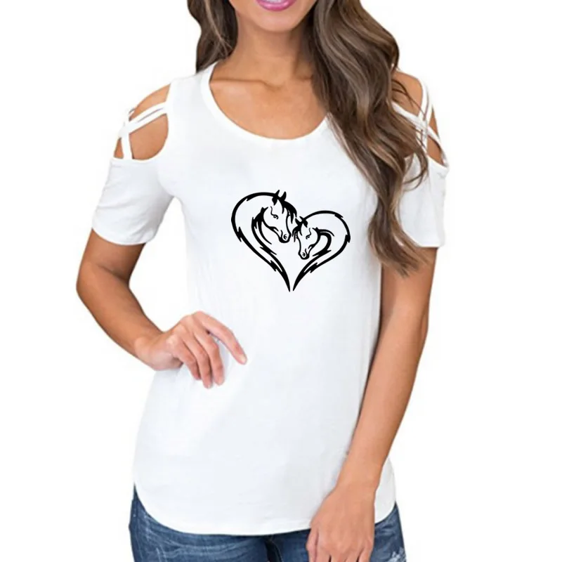 

Fashion T-Shirt For Women Bandage Off Shoulder Horse Love Printing Casual T-Shirt Women Cute Summer Top Tee Shirts 5XL Drop Ship