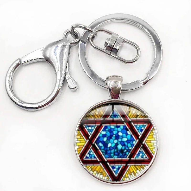Jewish Shield Star Of David Keychain Supernatural Pentagram Art Printed Glass Dome Key Ring Israel Judaica Hebrew Jewelry | Украшения и