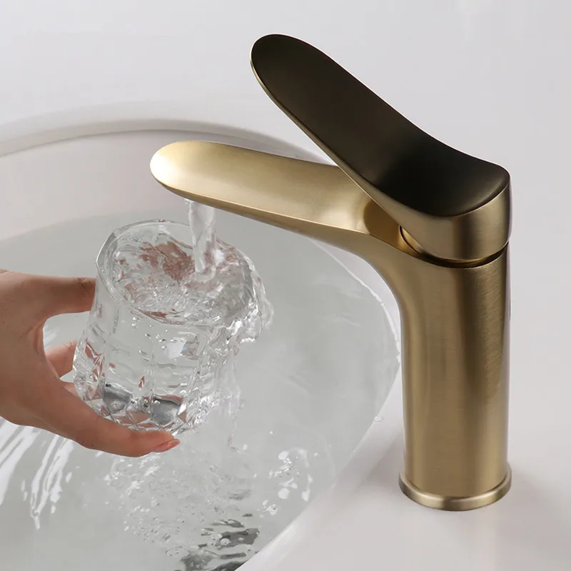 

Bathroom Basin faucet Soild Brass Sink Mixer Tap Hot & Cold Deck Mounted Crane Tap Single Handle Brushed Gold Free Shipping