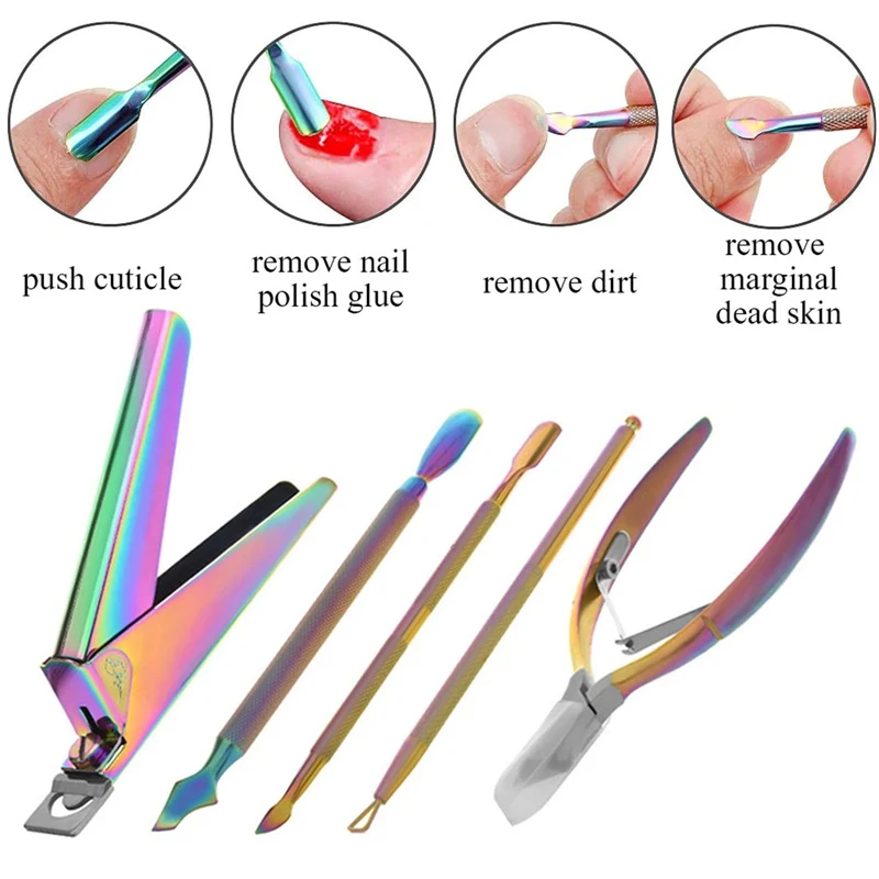 

5Pcs/set Colorful Nail Cuticle Pusher Dead Skin Remover Clipper Stainless Steel Trimmer Plier Edge Cutter Nail Art Pedicure Tool