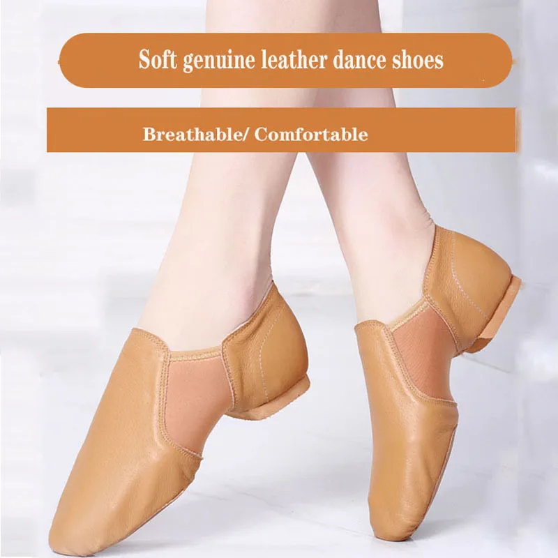 

woman Black Brown Genuine Leather Jazz Shoes Soft Dancing Sneakers Gymnastics Dance Shoes Unisex Slip On Pratice Dance Shoes Tan