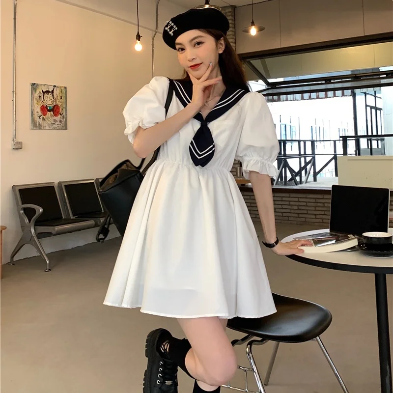 

Preppy Style Japanese Summer New Sweet Soft Girly Dress Kawaii Sailor Collar Bow Puff Sleeve Bow Vintage High Waist Mini Dresses