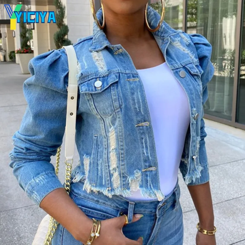 

YICIYA women's Sexy Ripped Denim Jackets 2021 Vintage Casual Short Jean Jacket Puff Sleeve Winter Coat Streetwear Plus Size,met