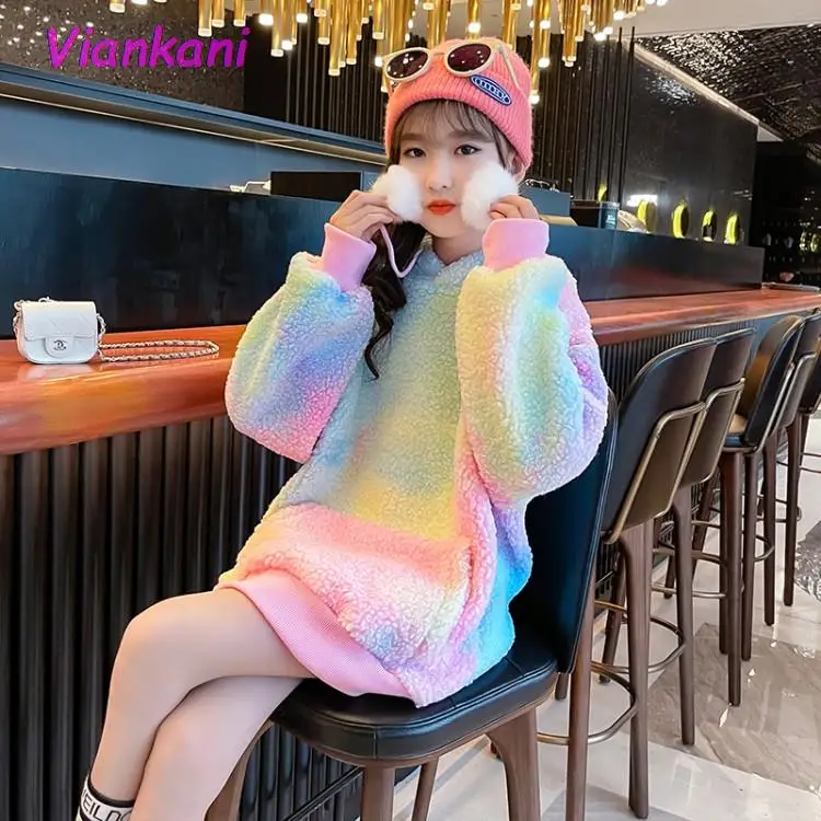 

Rainbow Kids Sweatshirt Girls Winter Thick Warm Elegant Long Sweatshirts Hooded 2021 Teenager Outerwear 4 5 6 7 8 9 10 11 Years