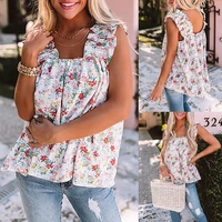 2021 summer fashion floral square neck sleeveless t shirt stitching sexy sling lace casual loose printed large size shirt women