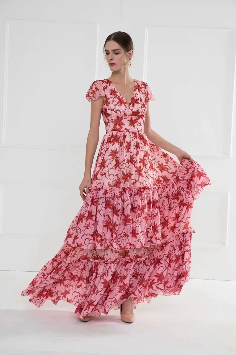 Женское длинное платье в пол богемное пляжное розовое макси с коротким рукавом и