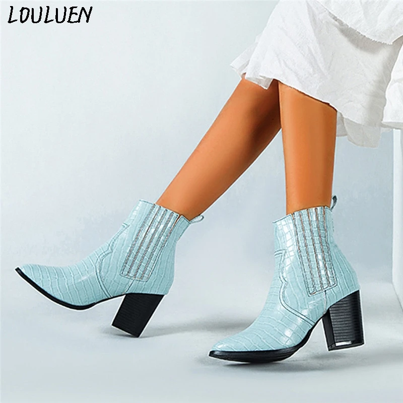 LOULUEN/ г. Ботинки женские модные полусапожки на высоком квадратном каблуке с острым носком, без шнуровки, большие размеры обувь в римском стиле Laarzen Bottes#0905