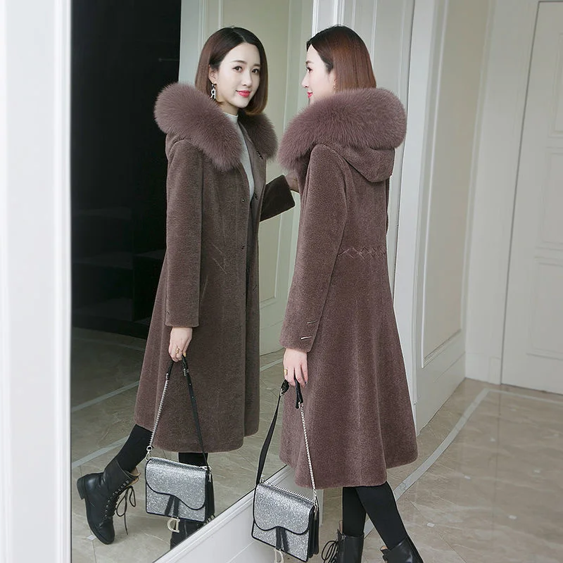 Women Sheep Shearing Coat 2021 Female Winter New Haining Real Fox Fur Over-the-knee Fur Long jacket Hooded With Fur collar Coat6