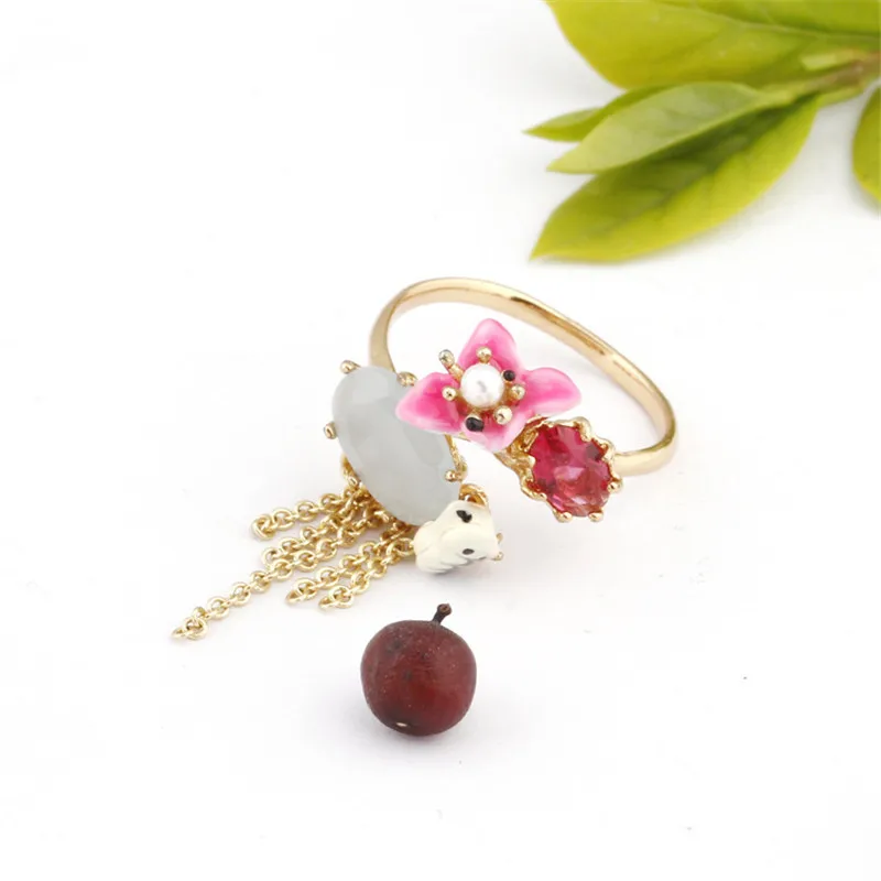 

Fashion creative new hand-painted enamel glaze pearl gem flower jewelry gold-plated tassel opening adjustable ring female