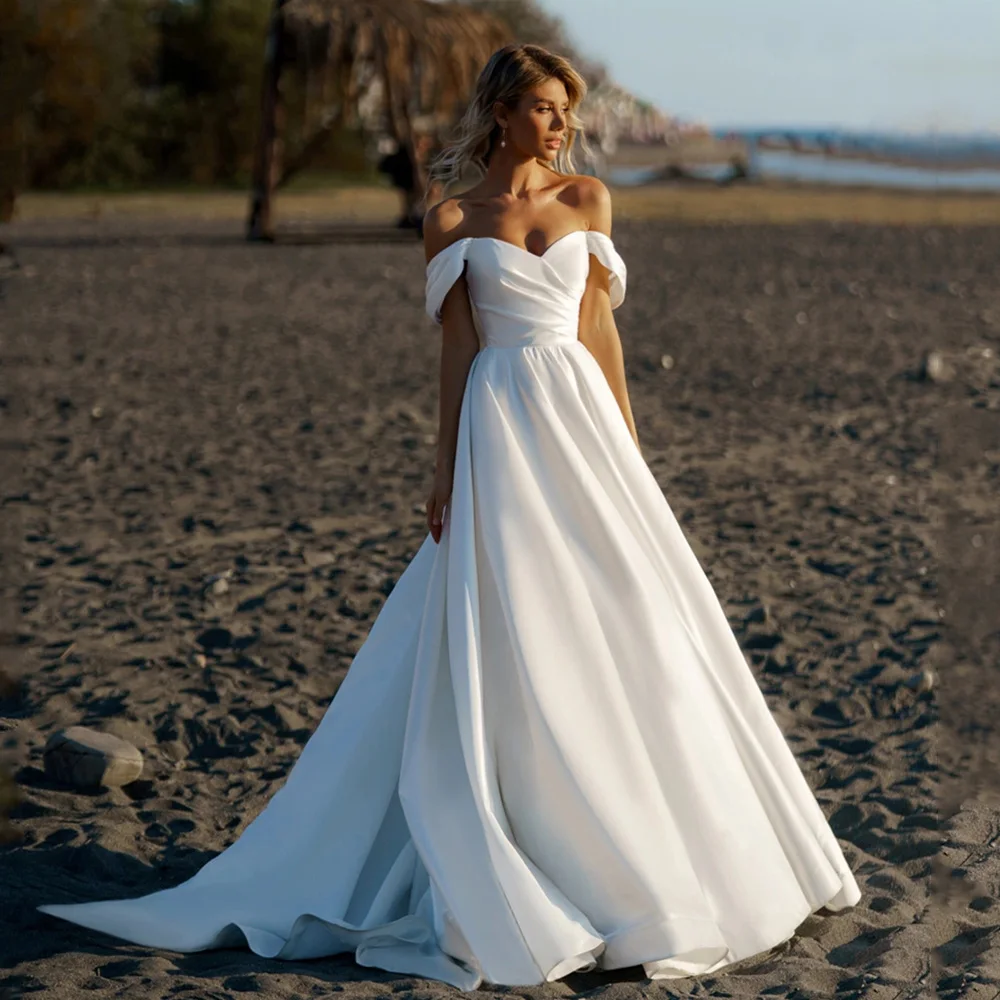 

New Arrival Beach Wedding Dress 2022 Off The Shoulder Simple A Line Bridal Gown Sweep Train Modern Bride Dresses for Women