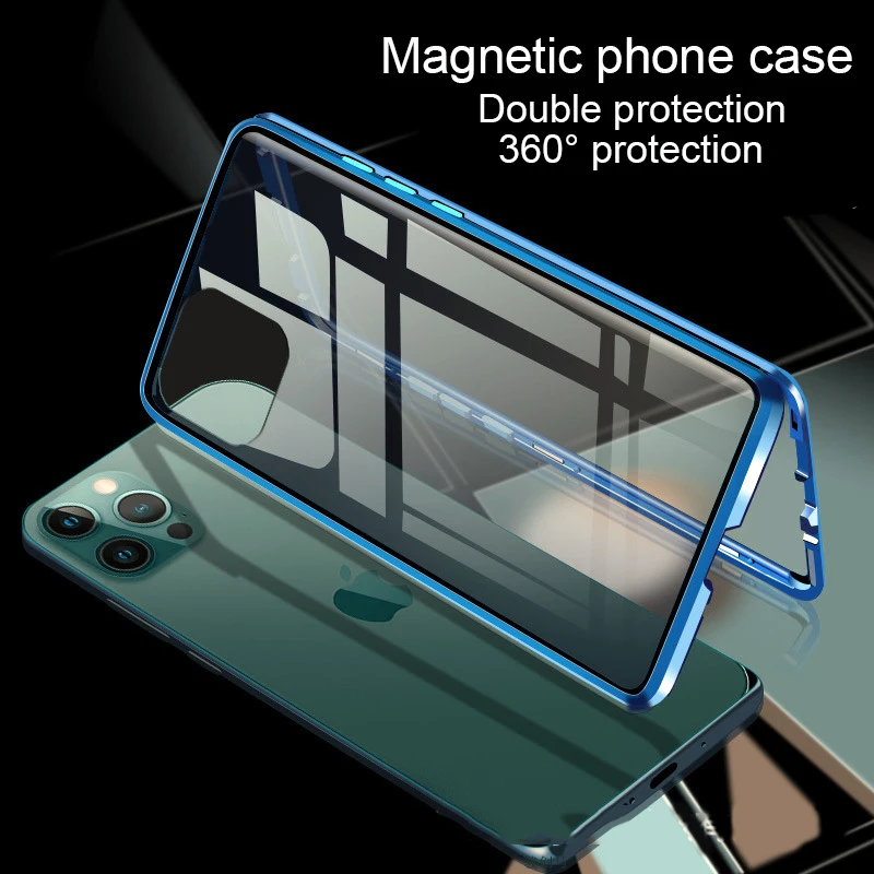 

Metal Adsorption Magnetic Case For iPhone 12 11 Pro XS Max Double-Sided Glass Magnet Cover For iPhone 7 8 6 6s Plus X XR SE Case