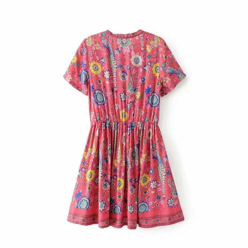 

Vintage Chic Women Floral Peacock Print Bohemian Beach Dress Short Sleeve V-neck Boho Rayon Mini Dresses Vestidos