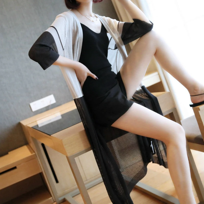 Контрастный шелковый длинный вязаный кардиган для женщин три четверти тонкий