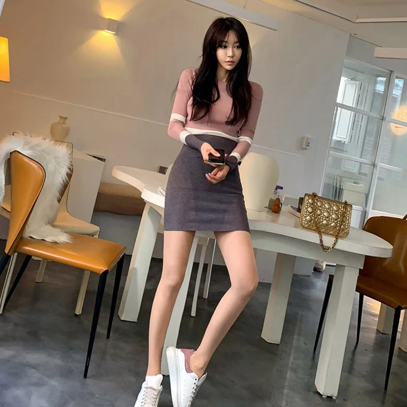womens autumn winter sweaters clothing new 2019 O neck jumper pullovers long sleeve Sexy Korean Bandage Mini femme Knitted dress | Женская