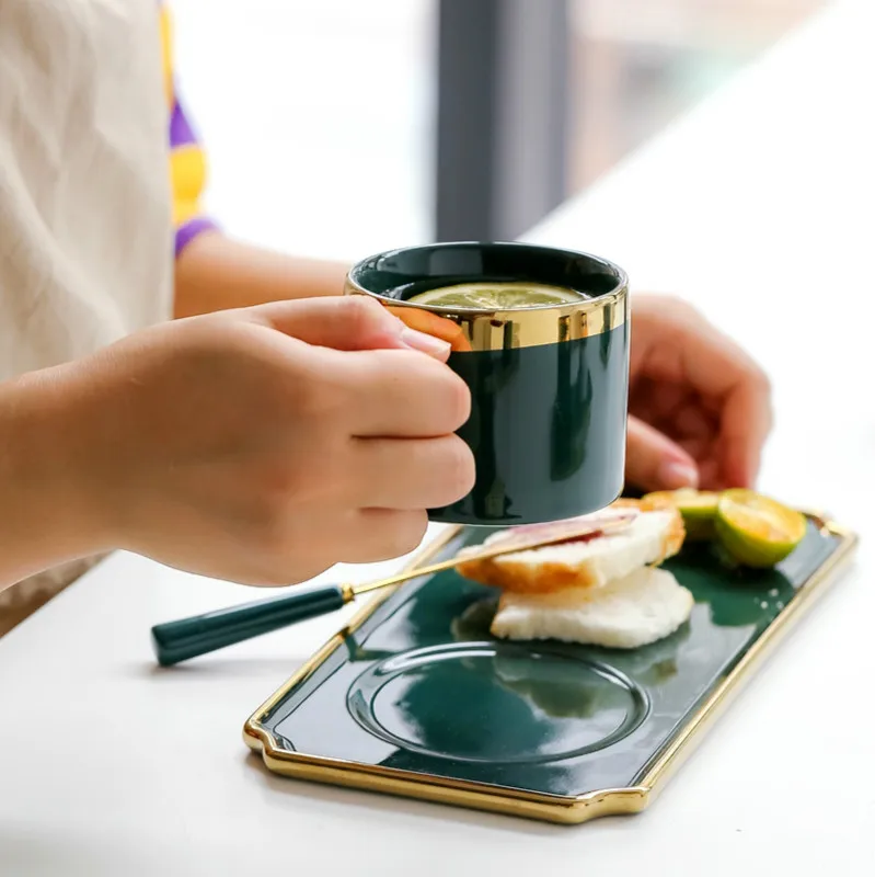 Зеленая Скандинавская Роскошная кофейная чашка набор + ложка блюдо A|Чашки и