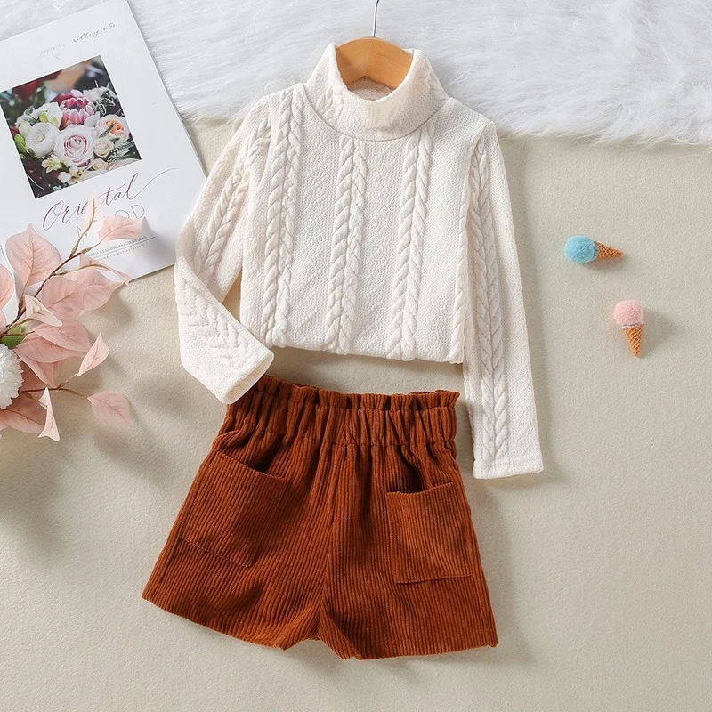 

2021 new girls autumn high neck long sleeve sweater + shorts two-piece suit