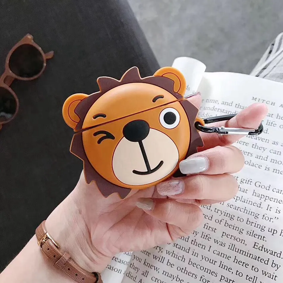 Lion Для AirPods чехол 3D милый мультяшный слон инопланетянин чехол для наушников s для Apple Airpods 2 забавная Защитная крышка с кольцом на палец - Цвет: Lion