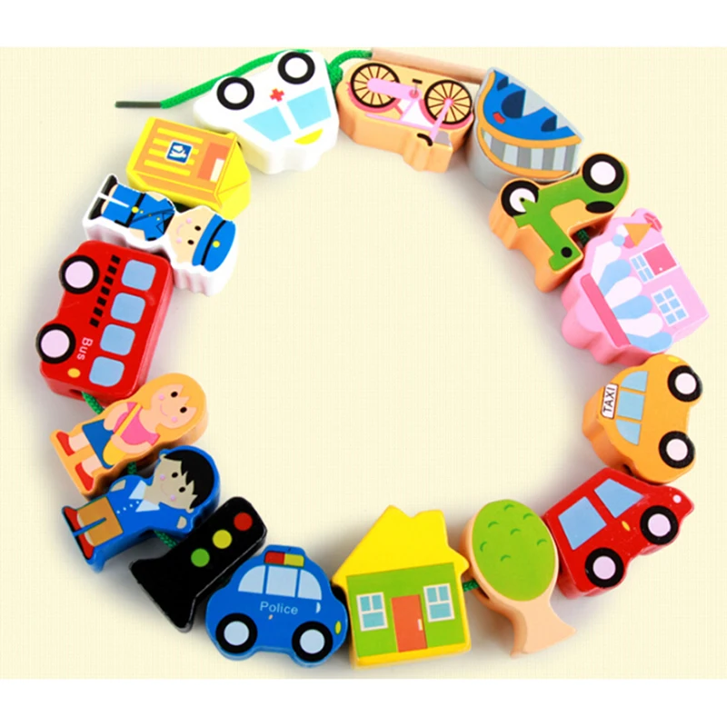 

Wooden Toys Cartoon Animals Animal Fram Car Block Stringing Threading Beads Game Education Toy for Baby Boy Girl Kids Children