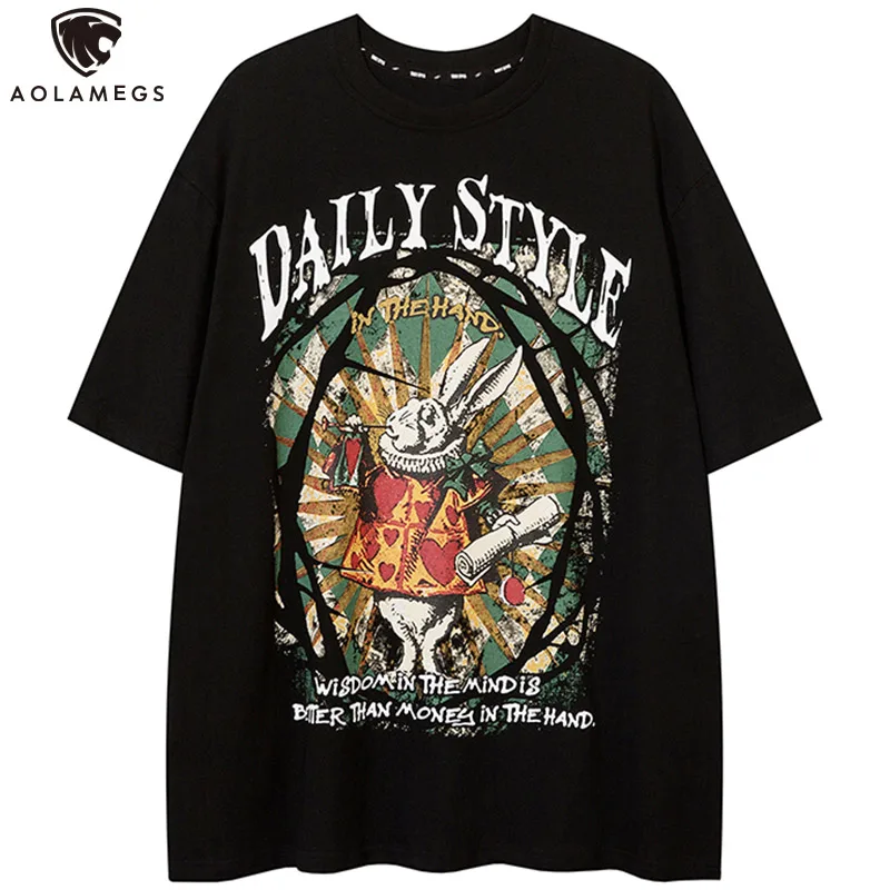 

Aolamegs T-shirt Men Comics Rabbit Letter Print Hip Hop Short Sleeve Tees Tops High Street Harajuku Hipster Loose Men's clothing