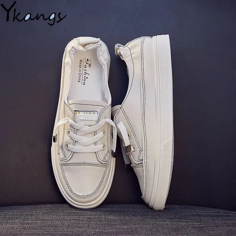 

Lazy Summer Lace-Up Women Vulcanized Shoes New Synthetic Leather White Shoes Casual Flat-Bottom Breathable Outdoor Sports Shoes