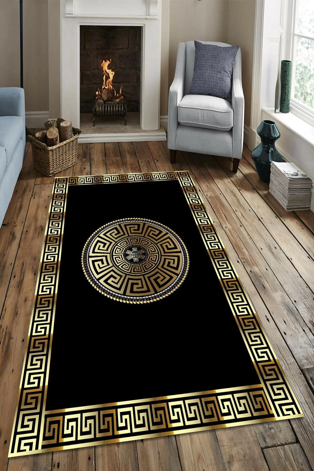 

Black Gold Stripe Living Room Rug Slip-Resistant Faux Leather Sole Dust Stain Resistant Foal Feather Fabric 11mm Thickness Antib